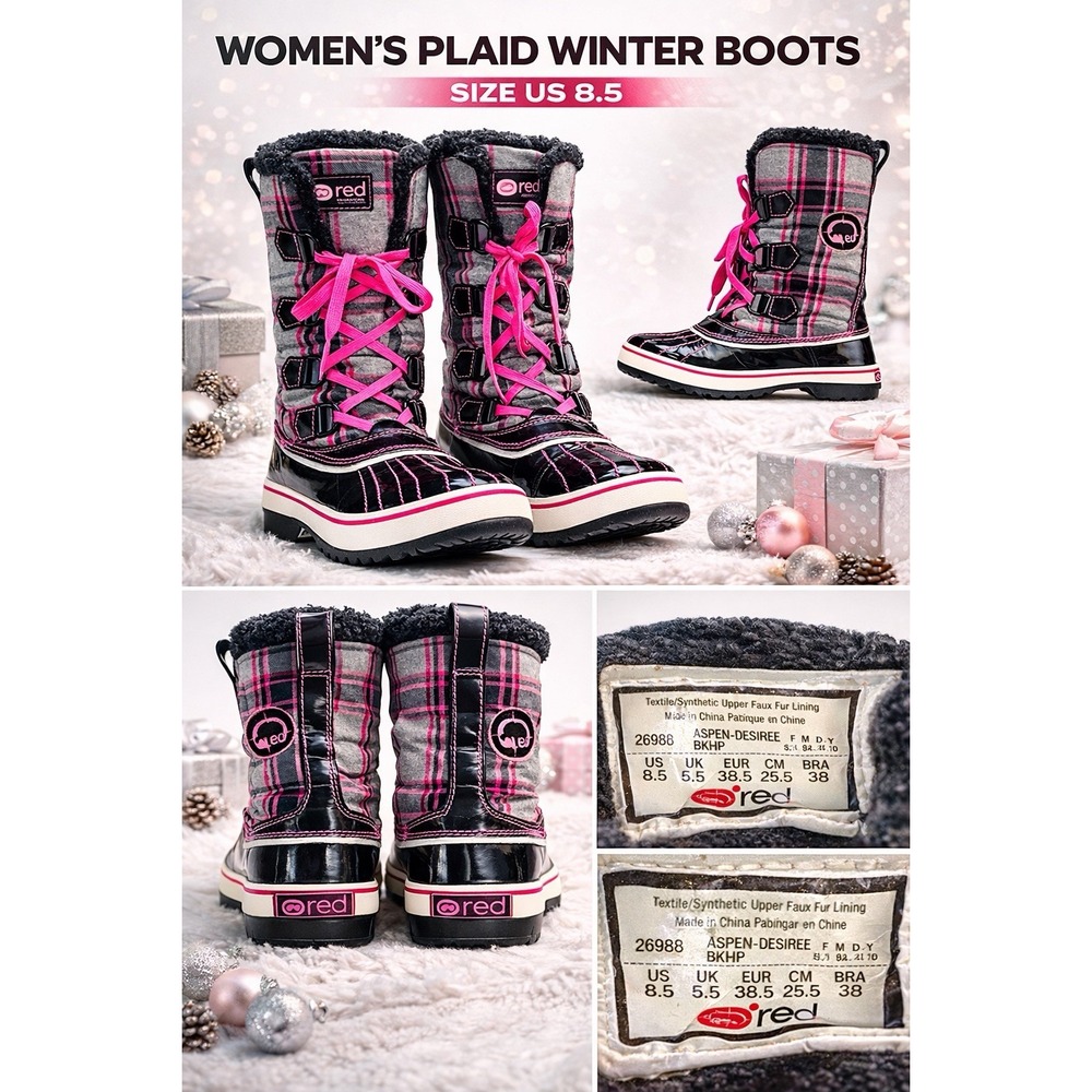 Red by Marc Ecko Aspen Desiree Boots Womens 8.5 Plaid Faux Fur Pink Black